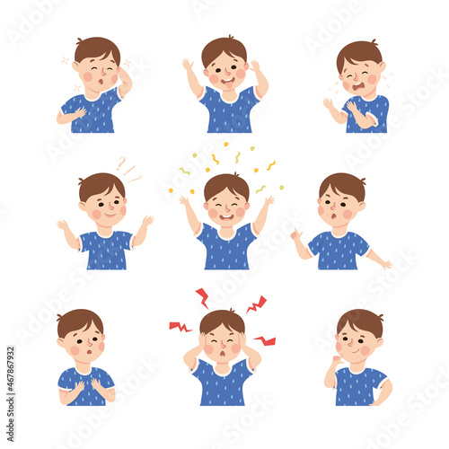 Little Boy Demonstrating Facial Expression and Emotion Laughing and Grimacing Vector Set
