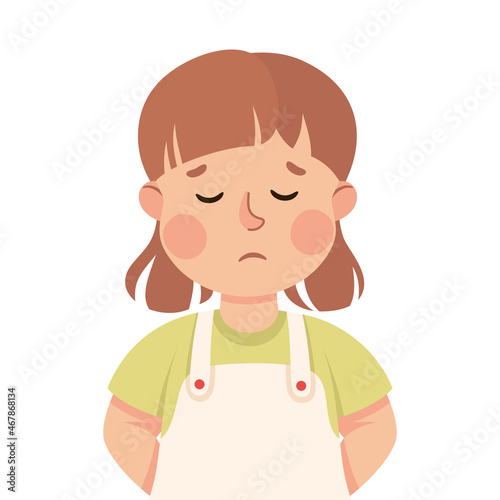 Little Girl Demonstrating Guilty and Sad Facial Expression and Emotion Vector Illustration