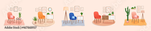 Set of cute interiors with an chair. Cute interior with modern furniture and plants. Living room interior. Vector flat style illustration. Trendy scandinavian hygge apartment. Collection.