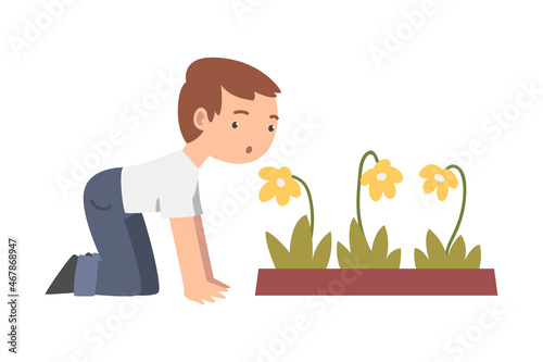 Little Boy Engaged in School Gardening Examining Flower Vector Illustration