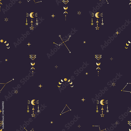 Seamles pattern with celestial bodies: stars, constellation, moon. Space insects. Vector illustration with gradient on a dark background. Magic and withcy signs