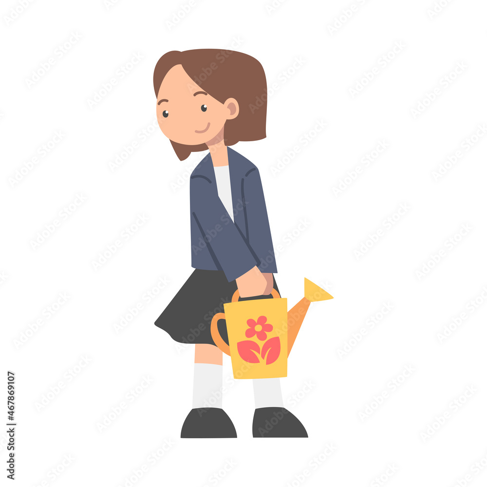 Little Girl with Watering Can Engaged in School Gardening Vector Illustration Little Girl with Watering Can Engaged in School Gardening Vector Illustration
