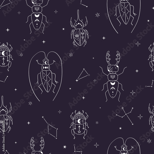Seamles pattern with celestial bodies: stars, constellation, moon. Space insects. Vector illustration on a dark background. Magic and withcy signs