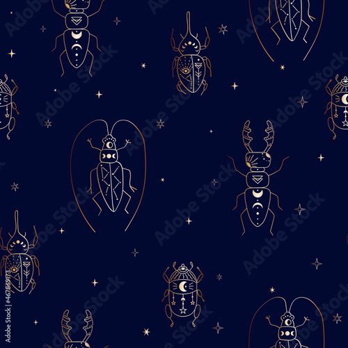 Seamles pattern with celestial bodies: stars, constellation, moon. Space insects. Vector illustration with gradient on a dark background. Magic and withcy signs