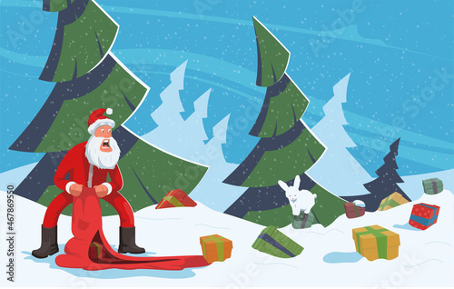 Santa Claus has just figured out that his Christmas bag was torn and all the gifts are lost in snow. So he stands with a confused expression on his face. Winter scene vector flat design illustration.