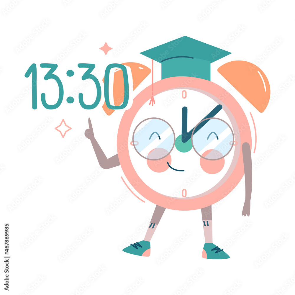Funny Clock Character with Smiling Face in Graduation Hat Pointing at Time Vector Illustration Funny Clock Character with Smiling Face in Graduation Hat Pointing at Time Vector Illustration