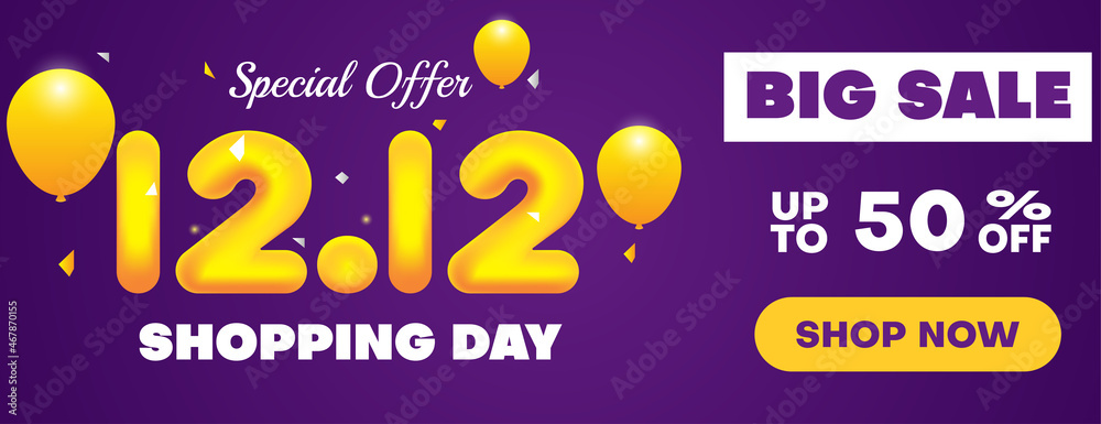 12.12 shopping day big sale banner or poster design with orange and purple color