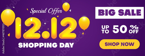 12.12 shopping day big sale banner or poster design with orange and purple color