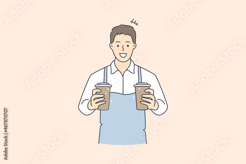 Working as barista in cafeteria concept. Young smiling man barista cartoon character wearing apron standing holding cups with coffee drink vector illustration 