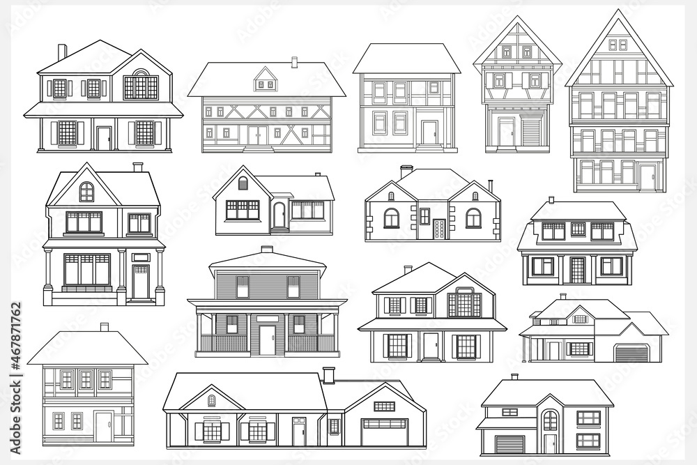 Set of city buildings on a light gray background. Building icons. Outline style. Suburban houses