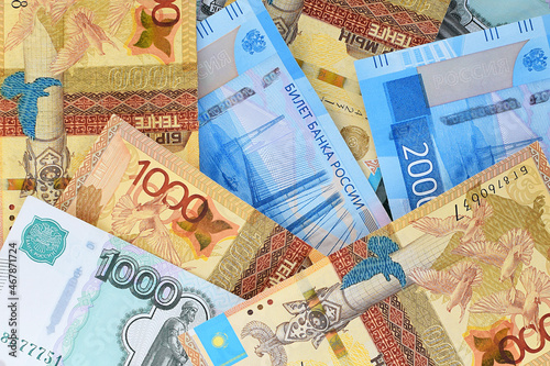 Russian rubles and tenge of Kazakhstan. Currency exchange concept. International trade. Money background. Flat lay. Selective focus.