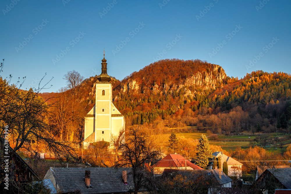 Church in Podskalie village under the Podskalsky Rohac hill in Strazov Mountains Protected Landscape Area, Slovakia, Europe.