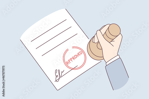 Verification and approval of official document concept. Human hand holding official stamp over approved document with signature vector illustration 