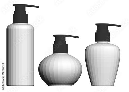 Set with bottles for liquid soap isolated on white background. 3D. Vector illustration
