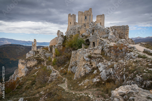View of ruins of medieval castle in Rocca Calascio in Abruzzo, Italy
