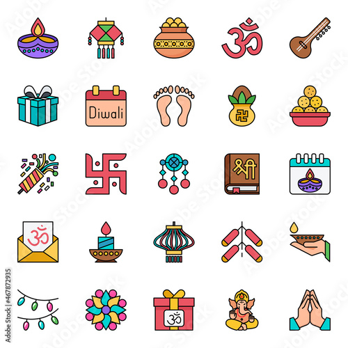 Filled outline icons for happy diwali. photo