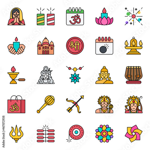 Filled outline icons for happy diwali.