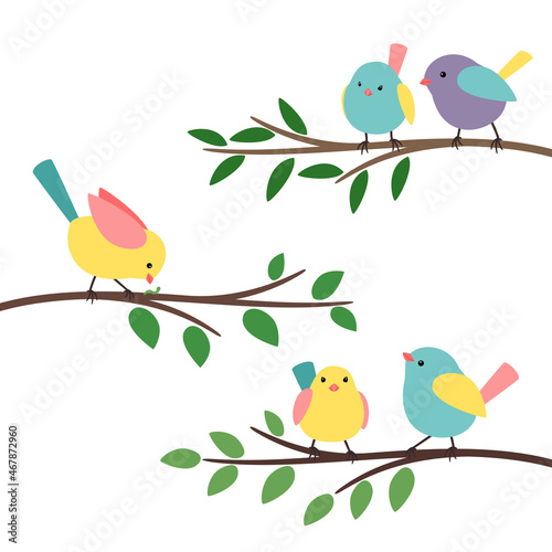 Kids birds branches. Bird family on trees branch for baby cartoon image, spring seasons children birdie vector illustration