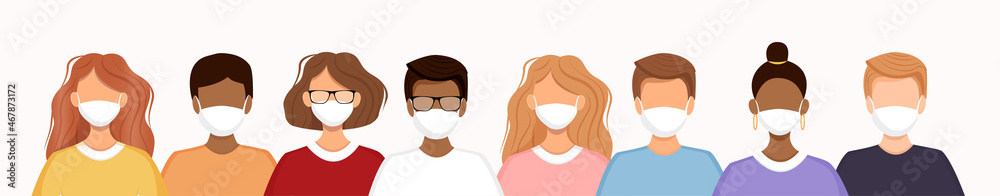Group of men and women stand in a row wearing medical masks to prevent coronavirus, flu, air pollution, viruses and disease. Social diversity. Vector illustration. No face. Group of men and women stand in a row wearing medical masks to prevent coronavirus, flu, air pollution, viruses and disease. Social diversity. Vector illustration. No face.