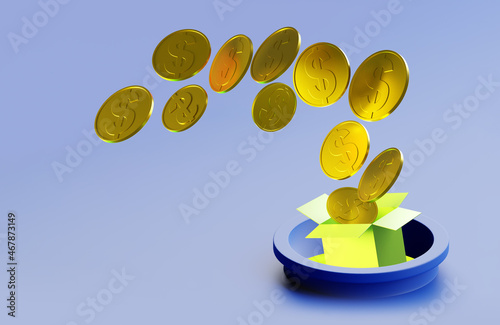 Money box. Gold coins fly o...