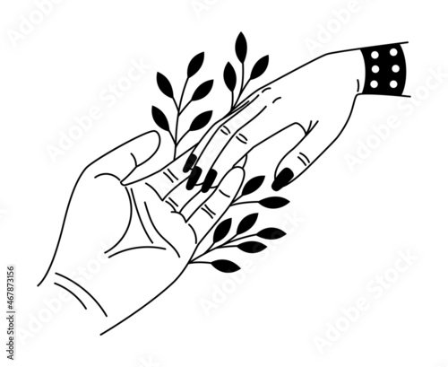 Hands proposal. Marriage request male hand with female palm, marriagering proposing modern vector illustration, helping choosing engagement ceremony line vector illustration