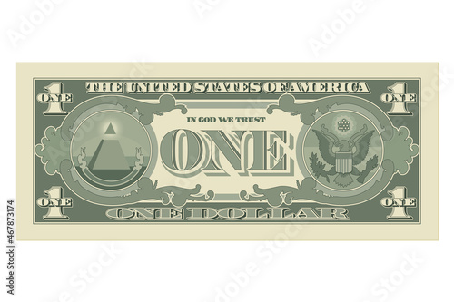 One dollar bill, 1 US dollar banknote, from back side, reverse. Simplified vector illustration of USD isolated on a white background