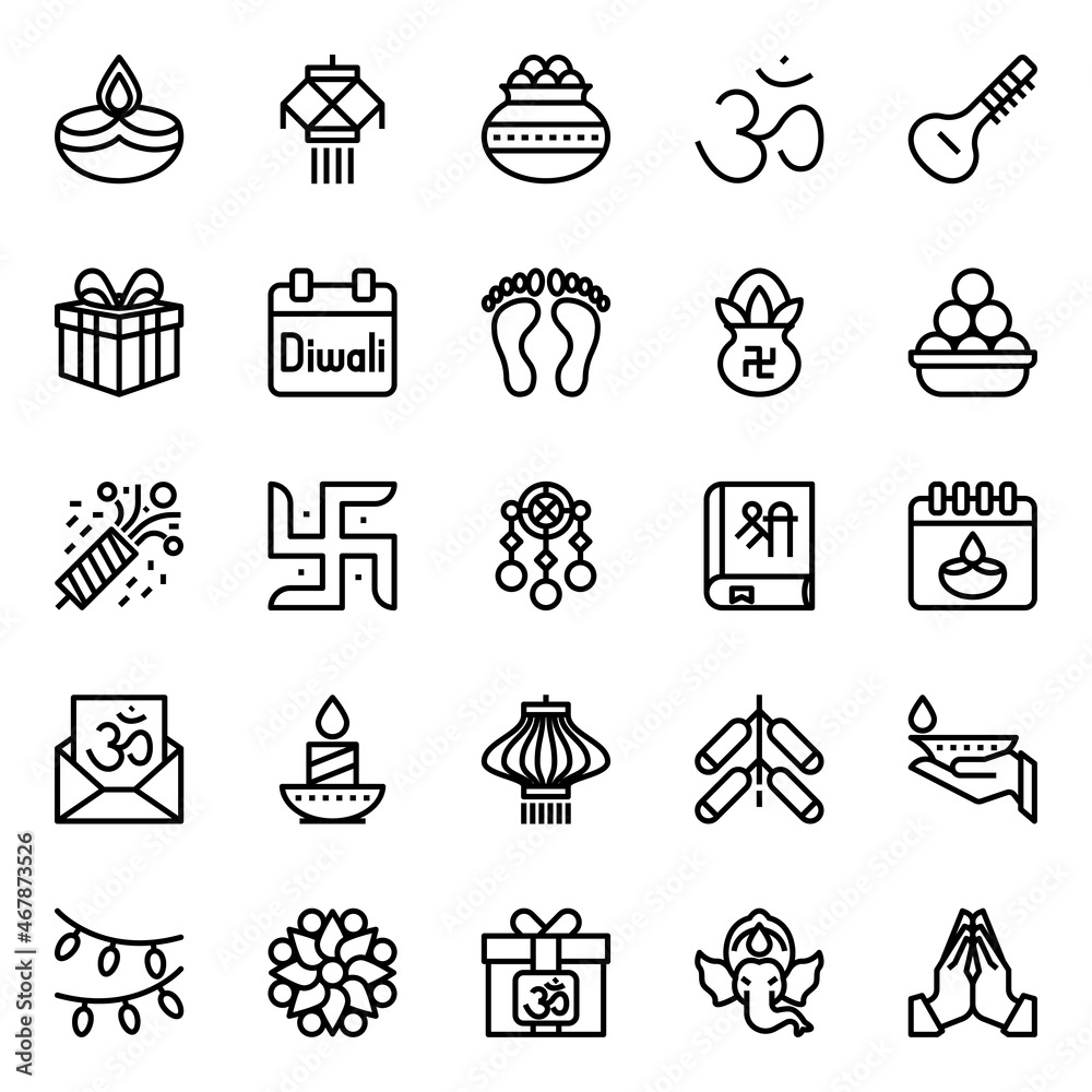 Naklejka premium Outline icons for happy diwali.