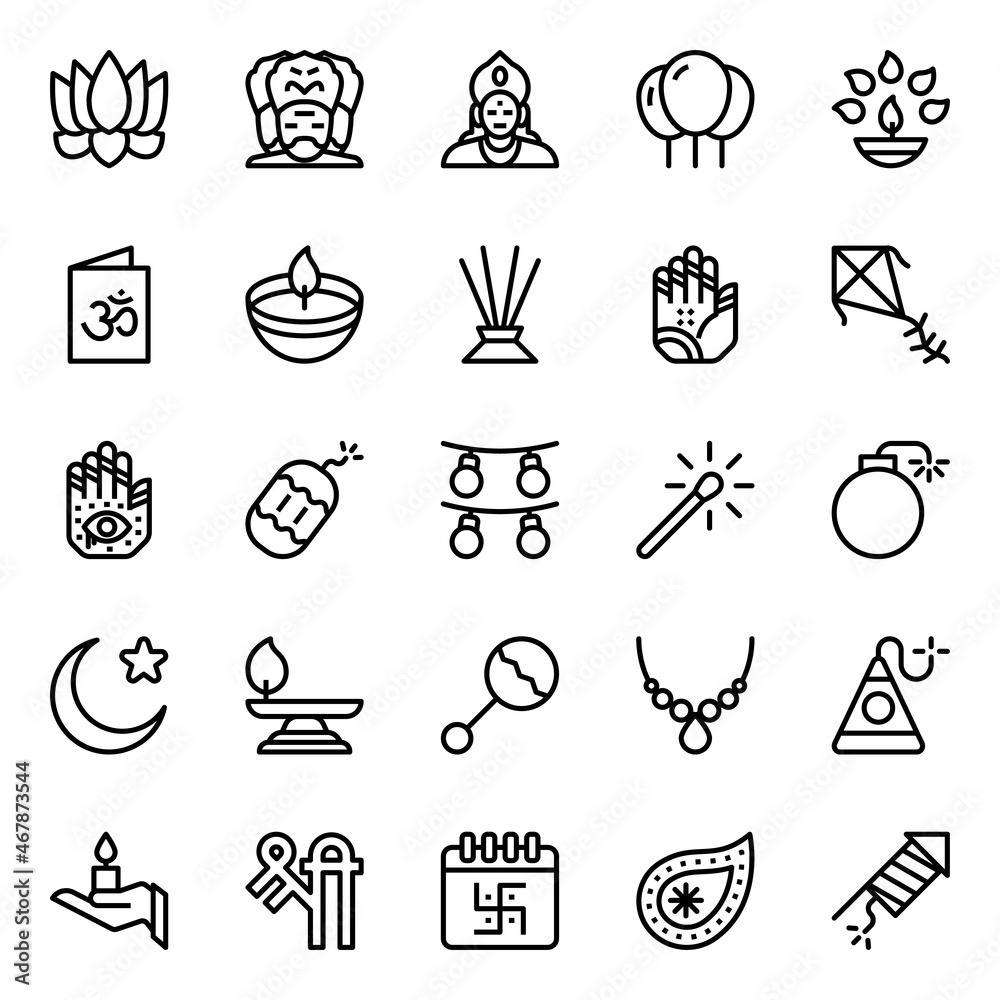 Outline icons for happy diwali.