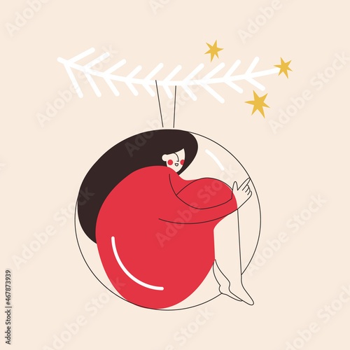 Small sitting woman character in big Christmas glass ball. Girl sit inside big bauble hanged on christmas tree branch. Alone holidays or self care, love, acceptance concept. Closed female character