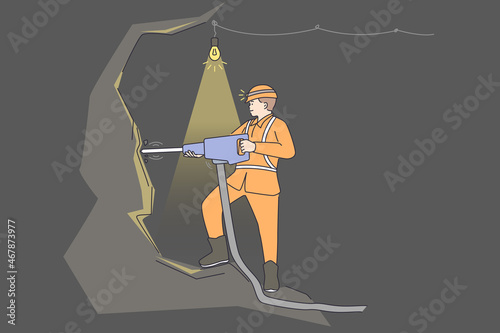 Working as minor in mine concept. Young positive man miner wearing uniform and helmet standing with tool and drilling rock vector illustration 