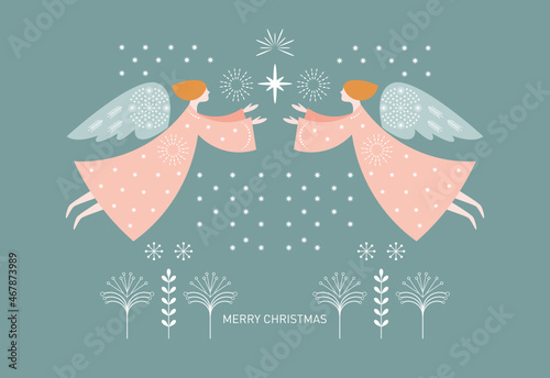  Christmas card. Flying Christmas angels and xmas star