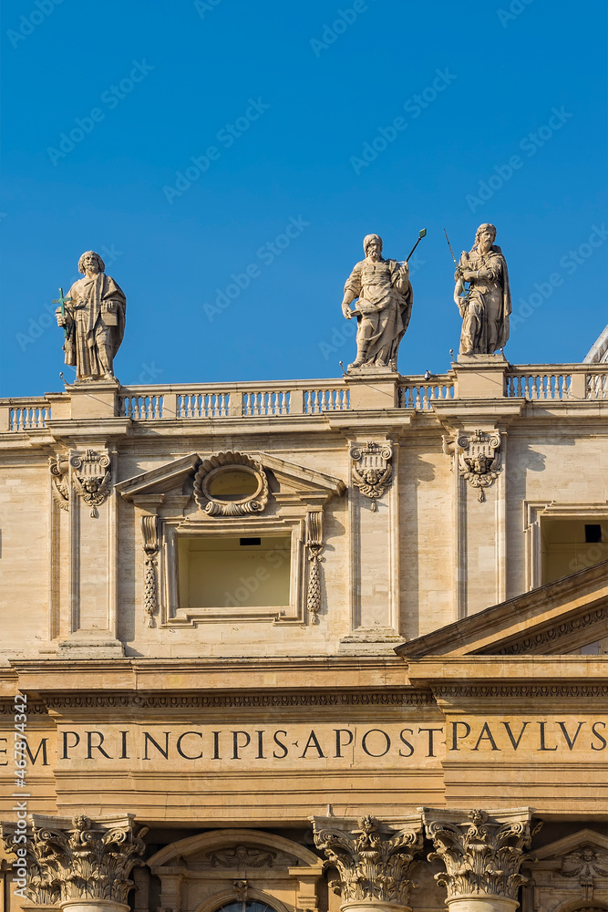 Saints statues on top of St. Peter's Basilica in the Vatican city, Rome, Italy 