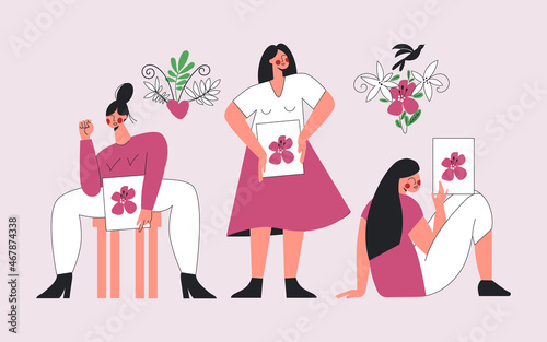 Woman with floral feminine gynecology. Womb wisdom - gynecology and female intimate health concept. Beauty female reproductive system. Woman health, zen and wellness vector illustration photo