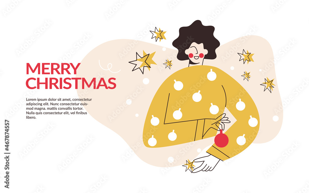 Winter holidays landing page template with simple retro festive woman. Merry Christmas and Happy New Year website layout. Xmas atmosphere decoration. Simple flat line vector illustration banner Winter holidays landing page template with simple retro festive woman. Merry Christmas and Happy New Year website layout. Xmas atmosphere decoration. Simple flat line vector illustration banner