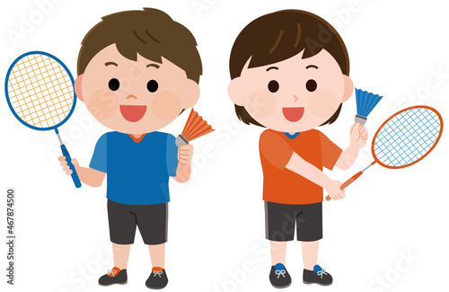 バドミントンをする男の子と女の子　立つポーズ　イラスト
