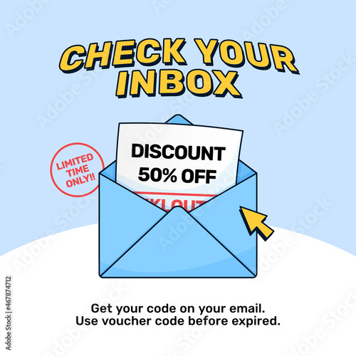 Mail inbox envelope with discount offer letter for online shop social media promotion vector illustration design