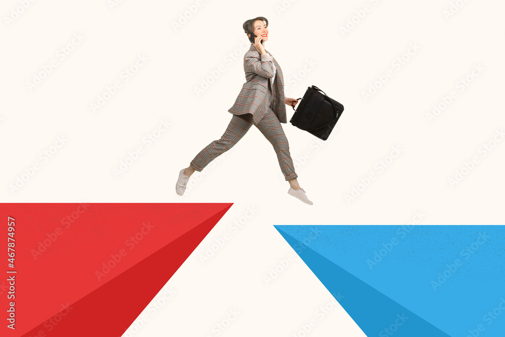Obraz premium businesswoman is jumping. Jumping woman with phone. Happy business woman. Business change concept. Metaphor for changing direction of business. Girl manager on white background. Change of job