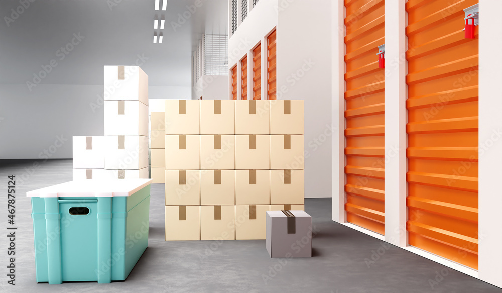 Fragment of Storage Units gate. Self storage for temporary rent. Boxes at entrance to storage room. Warehouse space rental. Stack of cardboard boxes. Warehouse company premises. 3d rendering.