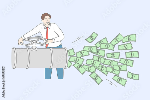 Financial success and wealth concept. Young smiling businessman standing and blowing heaps of cash money dollars from tube vector illustration 
