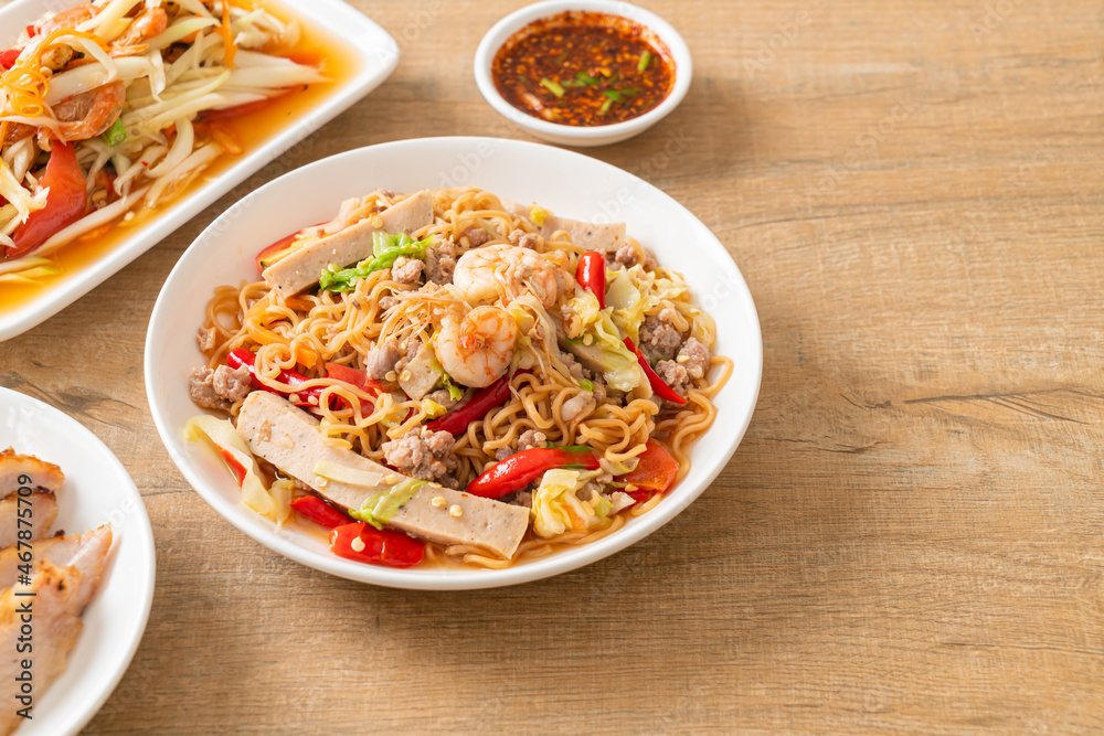 Instant noodles spicy salad on plate Instant noodles spicy salad on plate