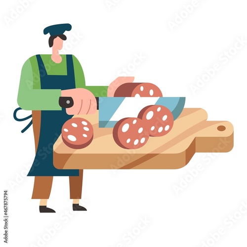 Vector illustration of a cook slicing ham. A man cuts sausage into slices. Flat style stylized