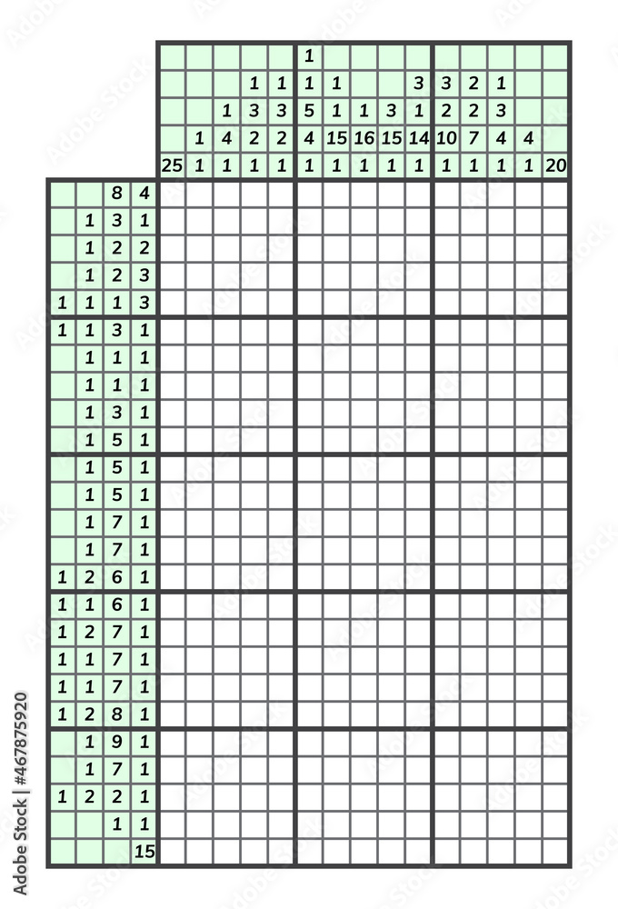 Fototapeta premium Japanese crossword puzzle. Kids and adult mathematical mosaic. Nonogram. Logic puzzle game. Digital rebus. Vector illustration