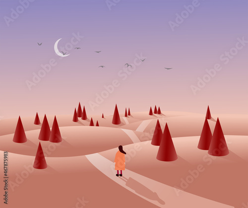 Girl walks in the world of geometric shapes
