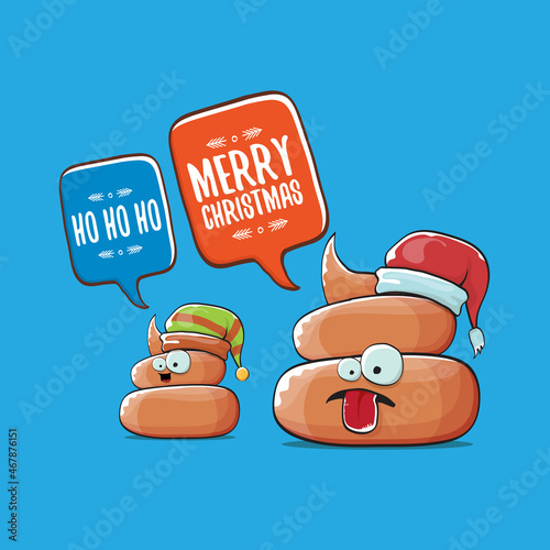 Funky christmas hand drawn greeting card. vector funny cartoon cool tiny brown poo character with santa red and his poo elf friend isolated on blue background,