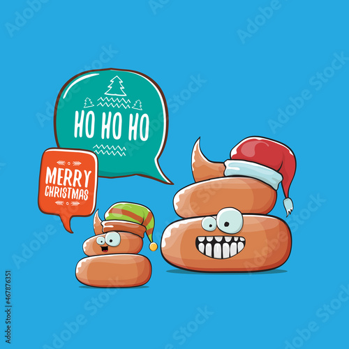 Funky christmas hand drawn greeting card. vector funny cartoon cool tiny brown poo character with santa red and his poo elf friend isolated on blue background,