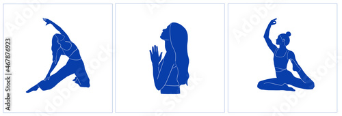 Boho Women In Yoga Asanas. Blue Silhouettes Of Female Body. Design For Posters. 
