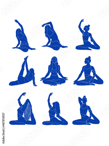 Yoga practise. Female silhouette. Boho woman doing yoga asana. Hand drawn illustration of female figure in modern style. Vector design for sticker, printable art, decor for home. 