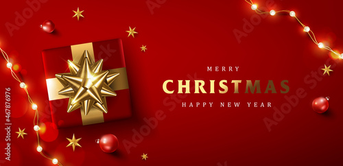 Merry Christmas and happy new year promotion banner with festive decoration for christmas