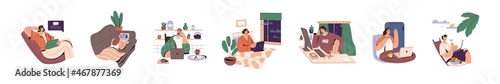 Freelance concept. Workers set with online remote workplaces at home and on beach. Freelancers with laptops, people at desk, in bed, on sofa. Flat vector illustrations isolated on white background