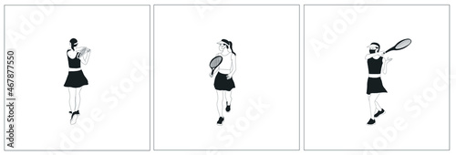 Set of hand drawings with woman in medical mask playing tennis. Sport girl holding tennis racket. 